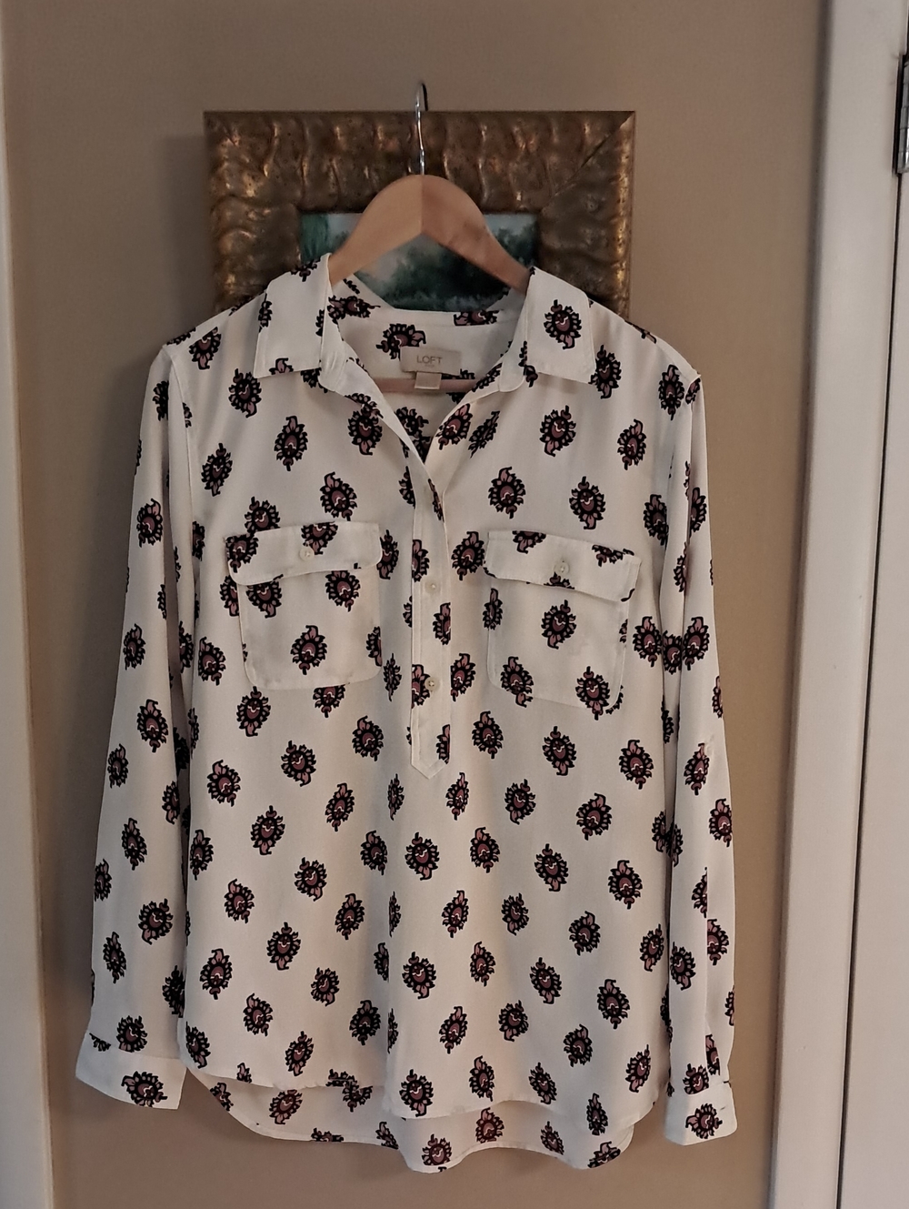 LOFT Cream Button-Front Shirt with Black and Pink Floral Motif